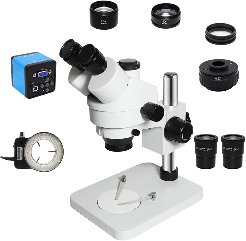 Lab Microscope Accessories 3.5X-90X Trinocular Stereo Zoom Microscope Simul-Focal Industrial Digital Microscope Set for PCB Soldering Repair(VGA add 0.5X C Mount)