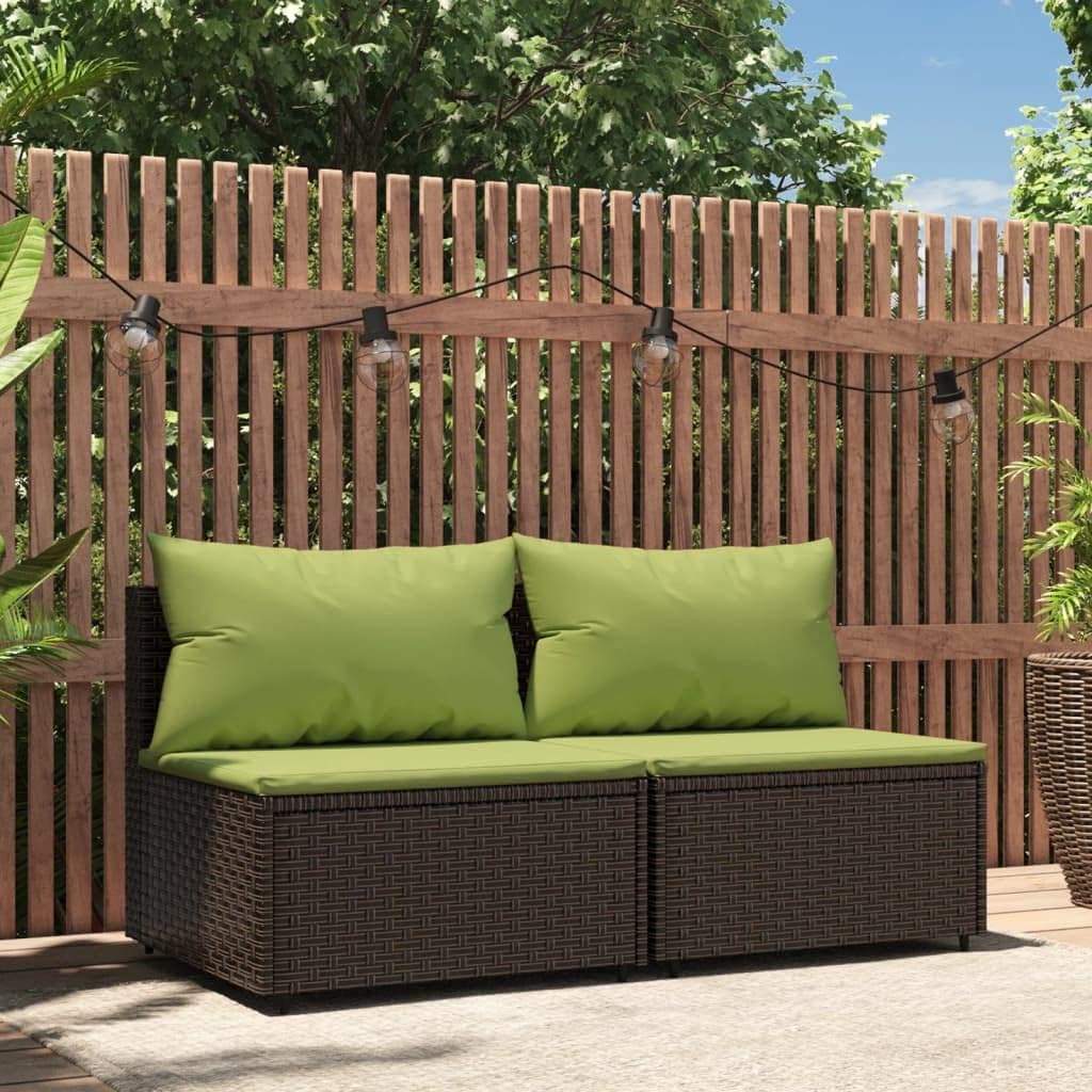 Patio Middle Sofas with Cushions 2 pcs Brown Poly Rattan,Modern Patio Sofa: Weatherproof and Modular for Relaxation and Dining Patio Furniture & Accessories, Outdoor Seating
