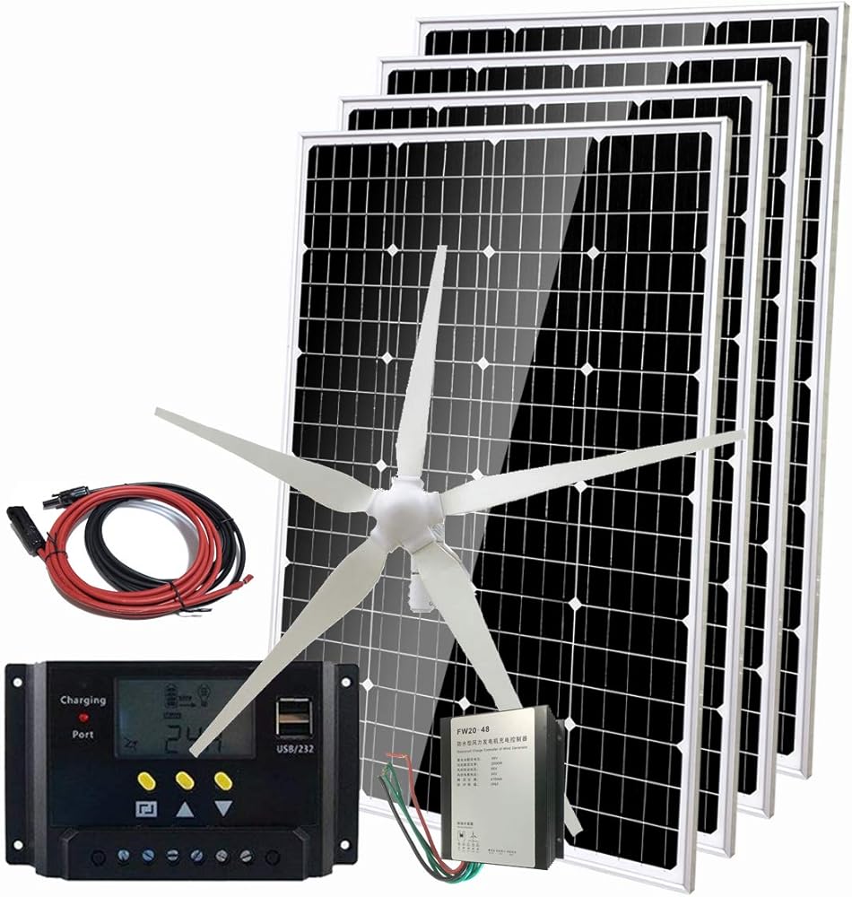 1080W Solar Panel Wind Turbine Generator Kit 48V Battery Charging Kit for Home: 4pcs 120W Mono Solar Panel/600W Windmill/PWM Charge Conroller/Cable