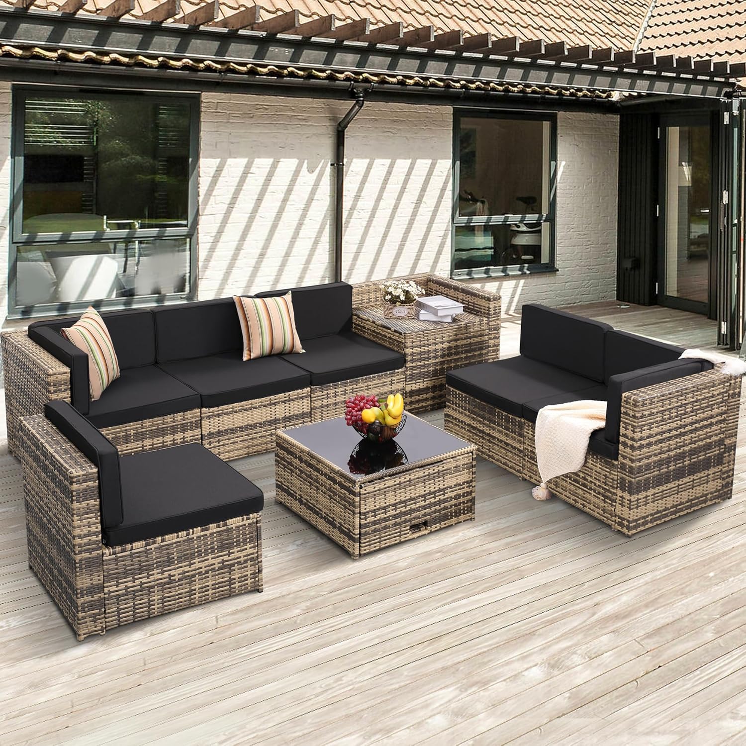 8 Pieces Outdoor Wicker Rattan Patio Furniture Sectional Set, Glass Top Table with Hidden Storage, 7 Sofa Sections, Oversized Cushions, Natural Color Rattan with Black Cushion