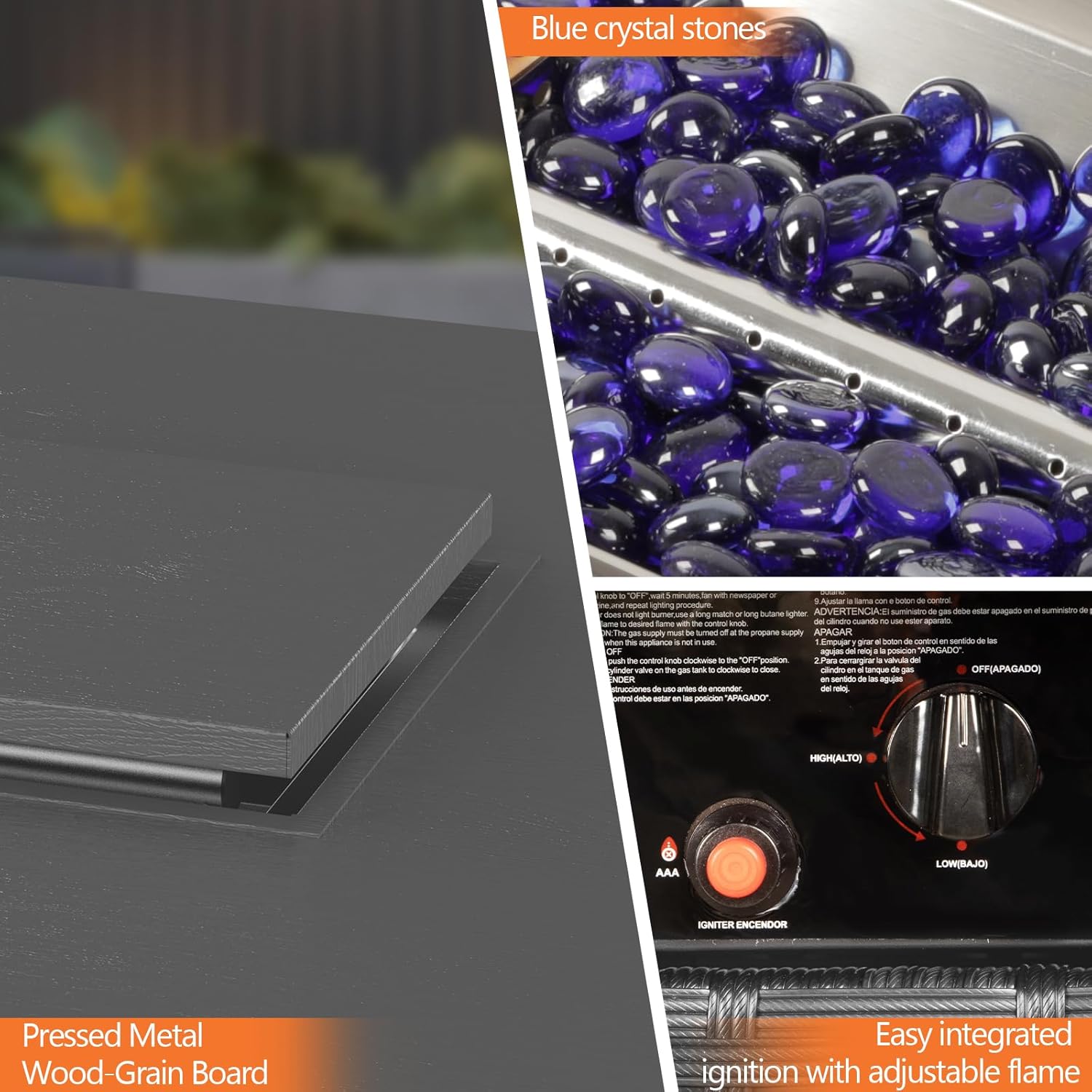 WAA 42 Inch Propane Fire Pit Table, 50,000 BTU CSA-Listed Steel Gas Fire Pit with Lid - Features Blue Crystal Stones & Metal Wood-Grain Board to Add Warmth and Ambience to Patio, Deck, Garden