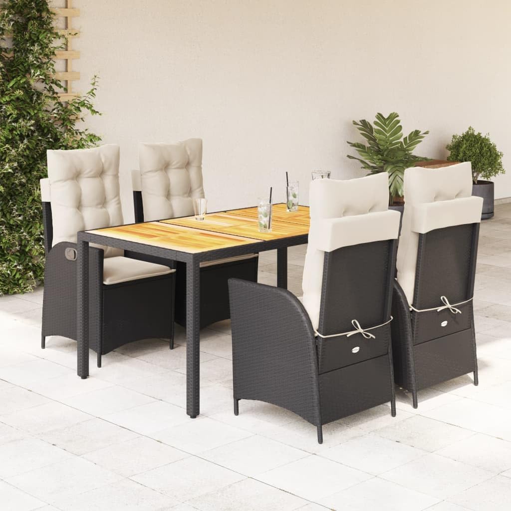 5 Piece Patio Dining Set with Cushions Black Poly Rattan,Adjustable Backrest Garden Dining Set with Cushions for Patio and Backyard Furniture Sets for Patio, Lawn & Garden