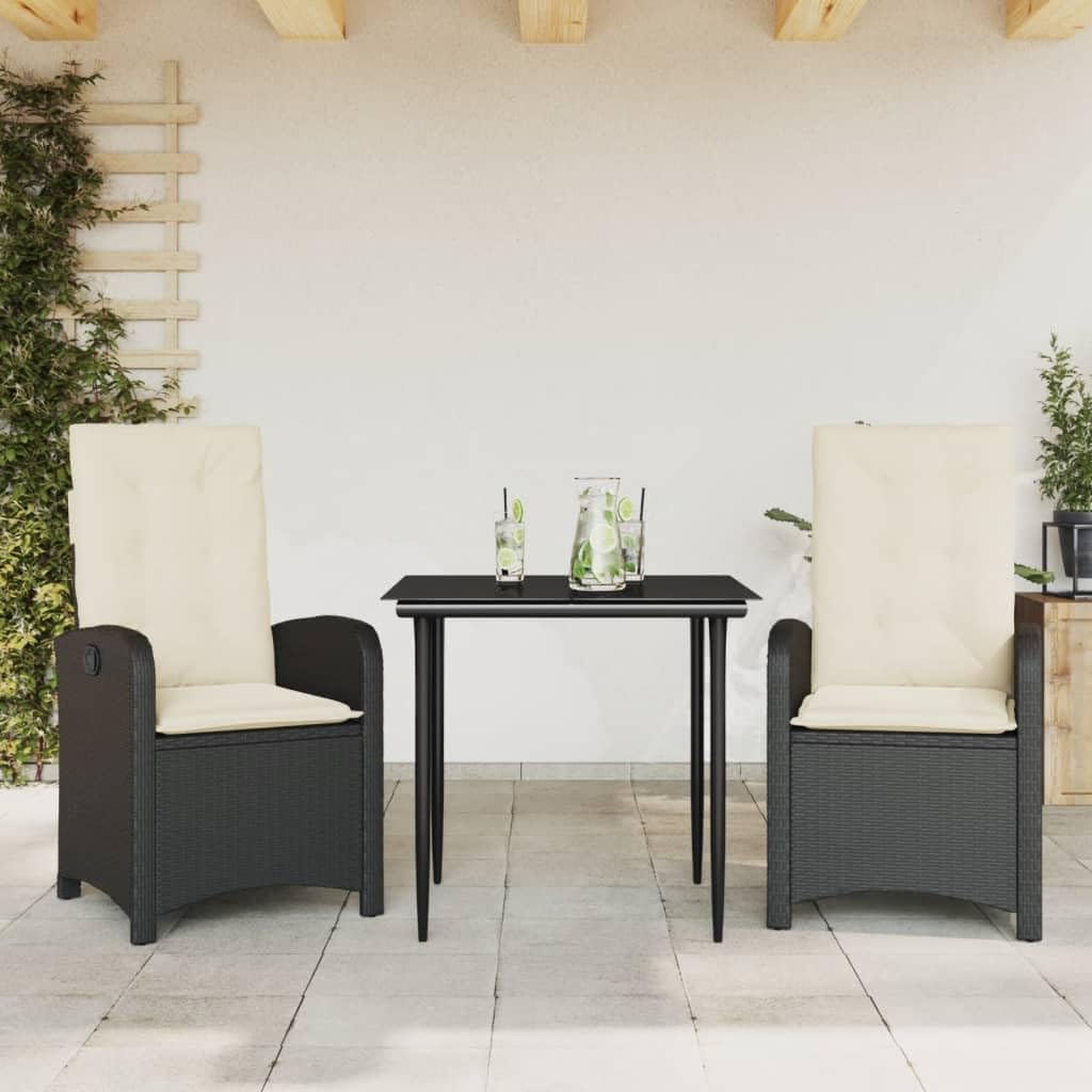 3 Piece Patio Dining Set with Cushions Black Poly Rattan Garden Furniture