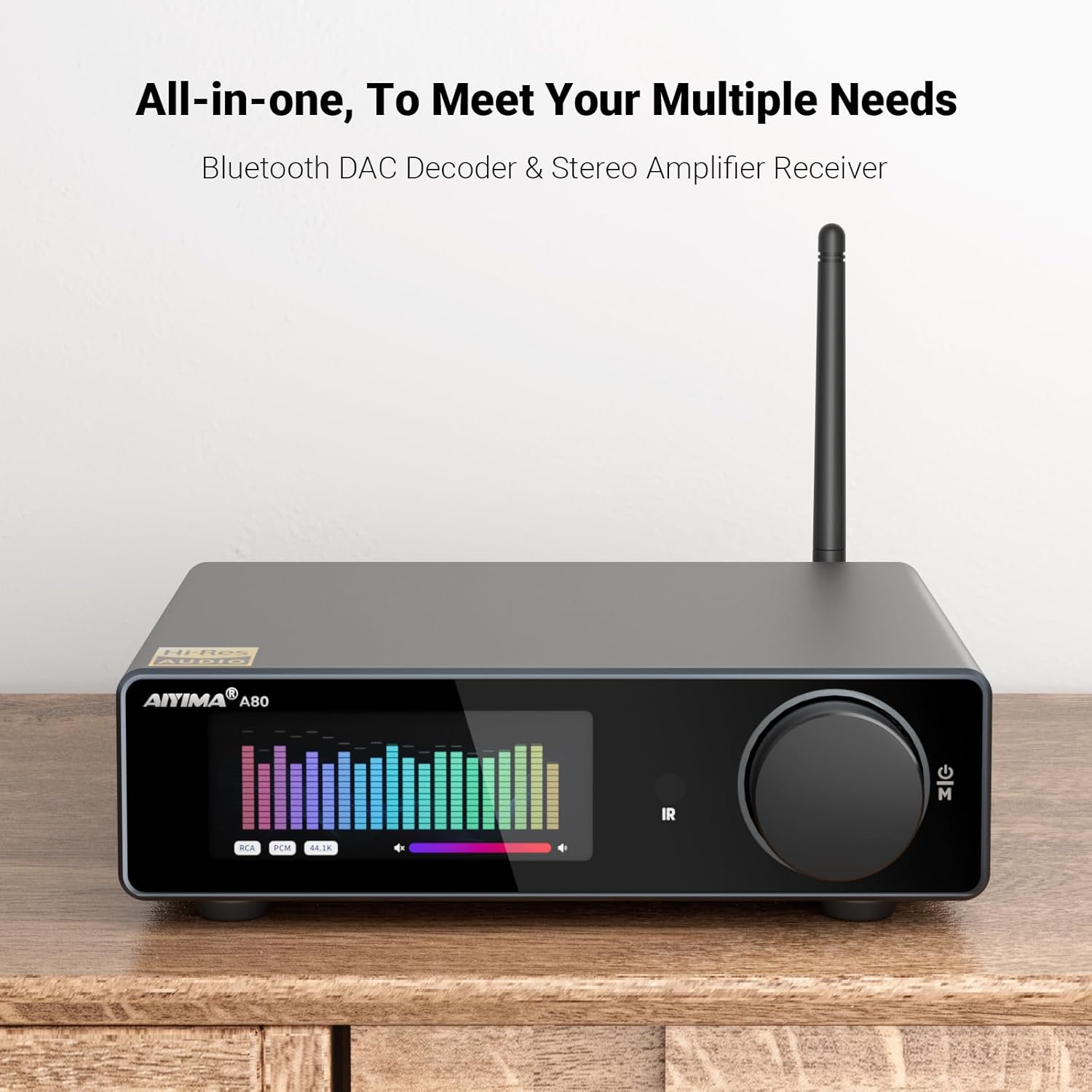 AIYIMA A80 Bluetooth Amplifier DAC Stereo HiFi Home Audio Receiver with PFFB,2.0 Channel Hi-Res Class D Power Amp with PC-USB COA Opt Inputs,Digital VU Meter | SUB Pre-Out | TRS Balanced Input |Tone
