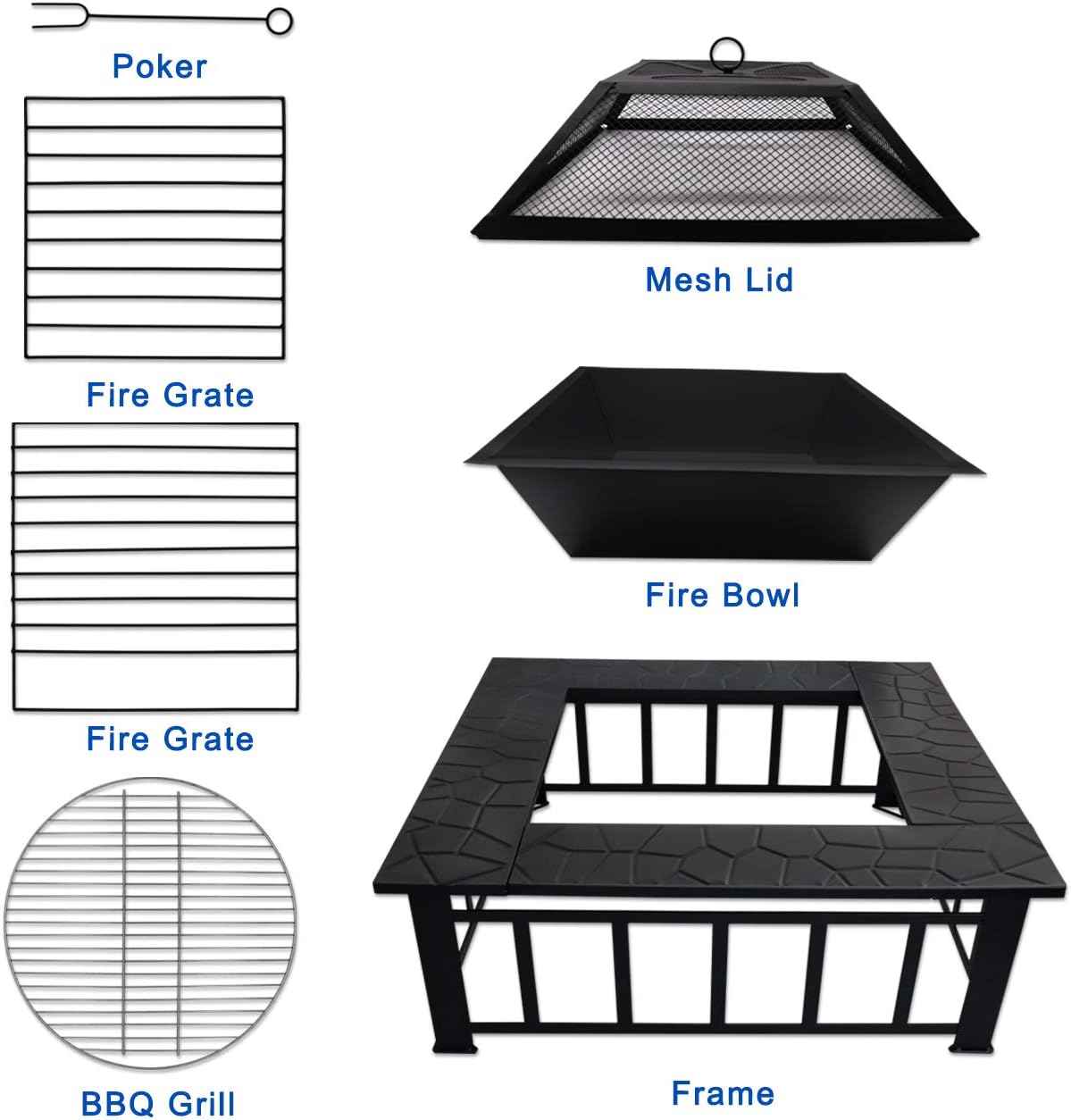 N/M Square Fire Pit Charcoal Grill for Outdoor Patio Wood Burning 32 inches