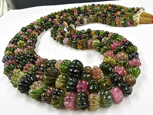 19 inch 3 Strand Necklace of Natural Multi Tourmaline Melon Shape Carved Cut 16mm-6mm Beads for DIY Jewelry Making.