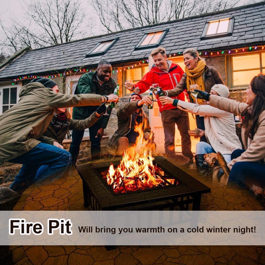 32 inch Outdoor Square Metal Firepit for Home BBQ, Wood Burning Fire Pit with Poker for Backyard Patio Garden Stove Camping Picnic Bonfire with Spark Screen Cover, 32