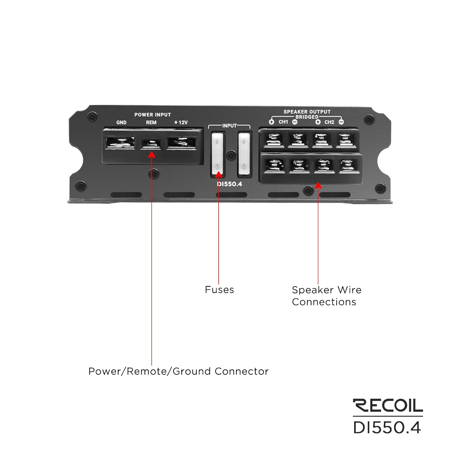 Recoil DI550.4 Full-Range Class-D 4-Channel Car Audio Amplifier, 1,040 Watts Max Power, 2-4 Ohm Stable, Mosfet Power Supply, Bridgeable