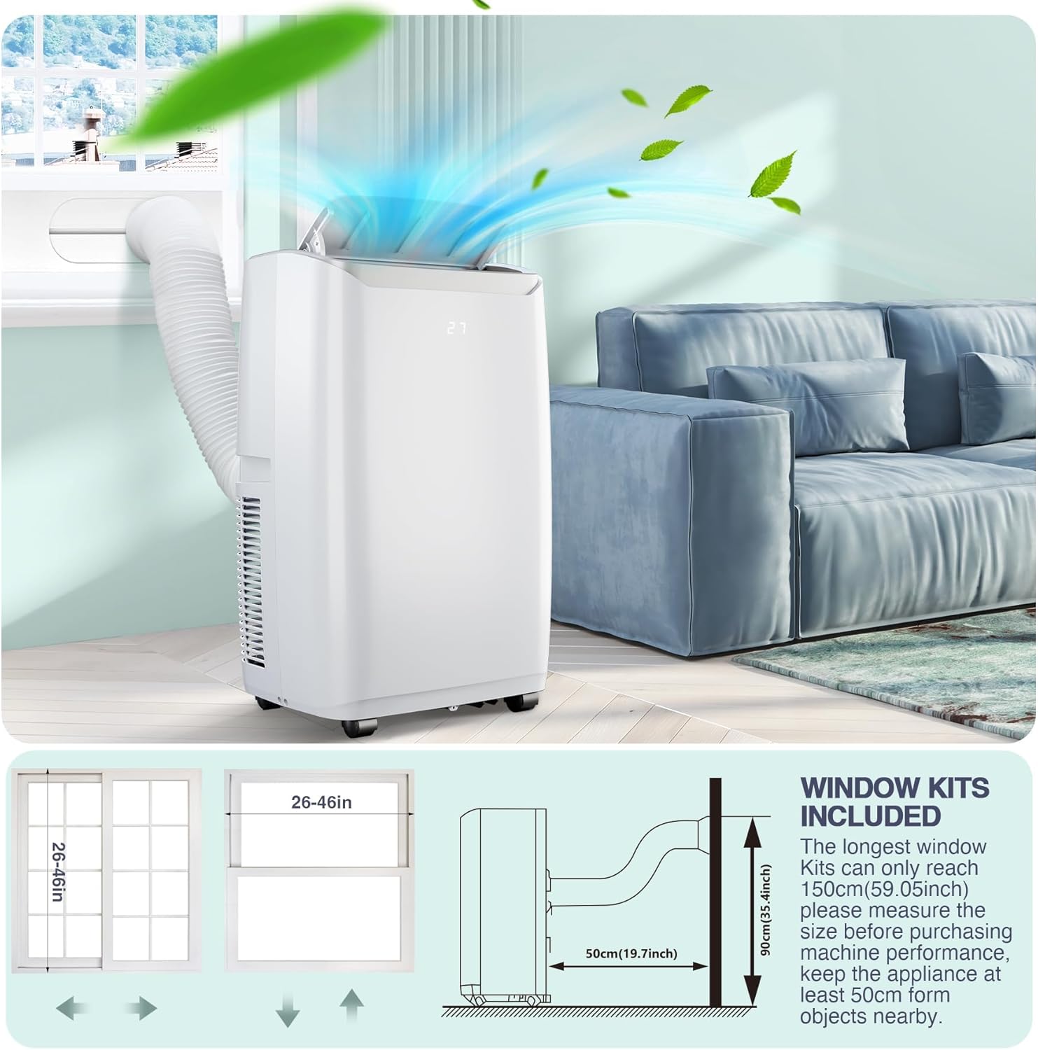 12000Btu Portable Air Conditioner with Cooling/Dehumidify/Fan Mode Cools up to 550 Sq.Ft, 3 in-1 Quiet Portable AC Unit 3 Speed, Auto Swing, 24H Timer for Large Room