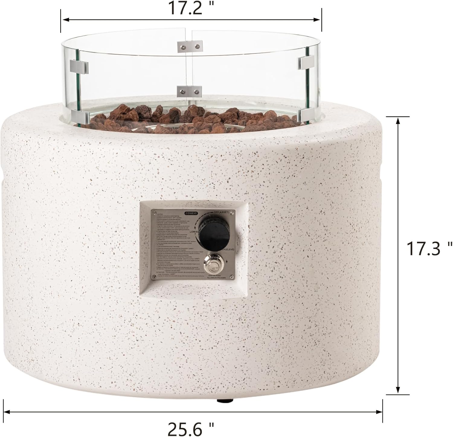 SUNBURY Outdoor Propane Fire Pit Table, 26 Inch Small Patio Gas Fire Table 50,000 BTU Column Fire Pit for Outside in Spotted White w Glass Wind Guard, Lava Rocks