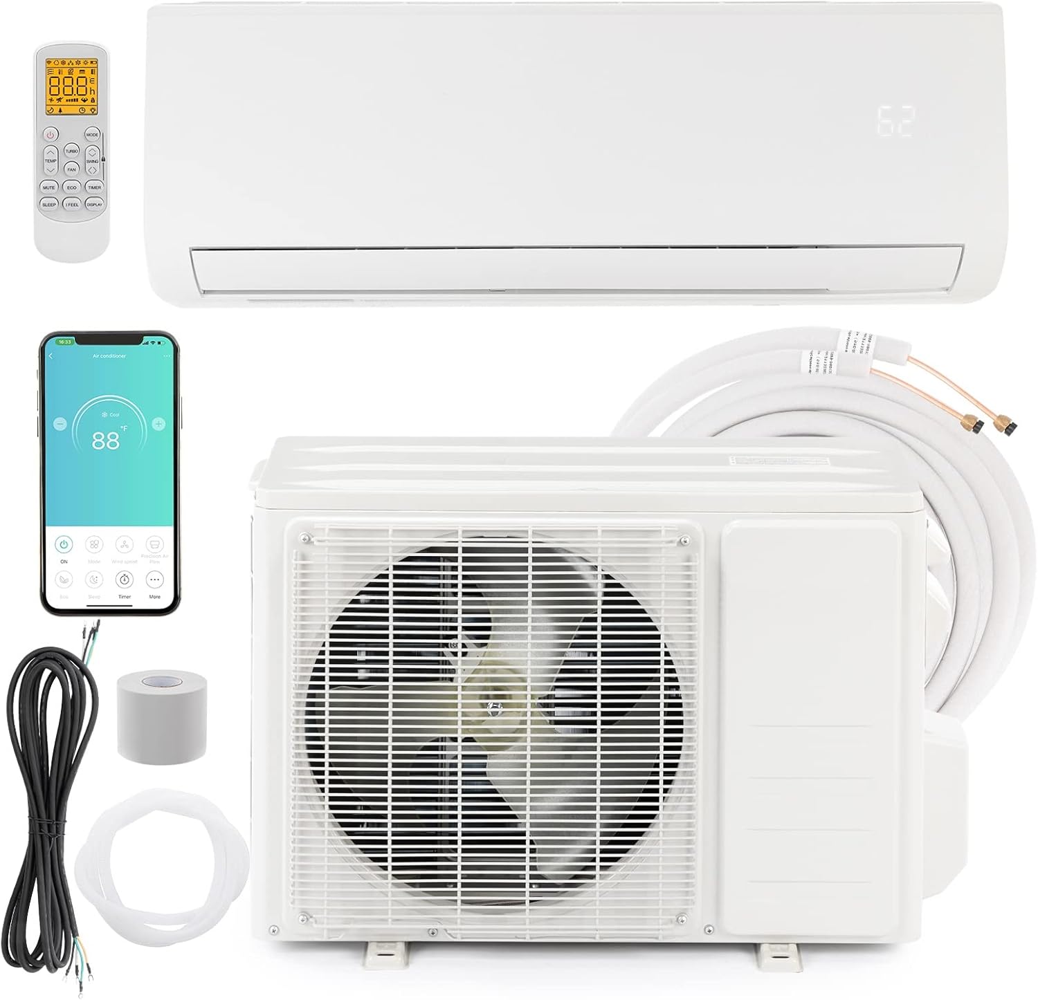 12,000 BTU Wifi Enabled Mini Split AC/Heating System with Inverter, 19 SEER 230V Energy Saving Ductless Split-System Air Conditioner with Pre-Charged Condenser, Heat Pump & Installation Kit
