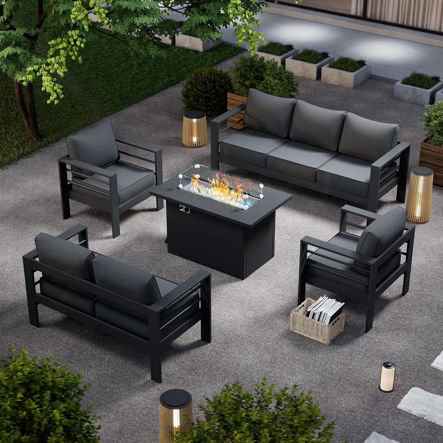 Patio Furniture Set with Fire Pit Table, Aluminum Patio Furniture Set,Grey Outdoor Metal Sectional Sofa with Aluminum Fire Pit Table for Garden Backyard (Include Waterproof Cover)