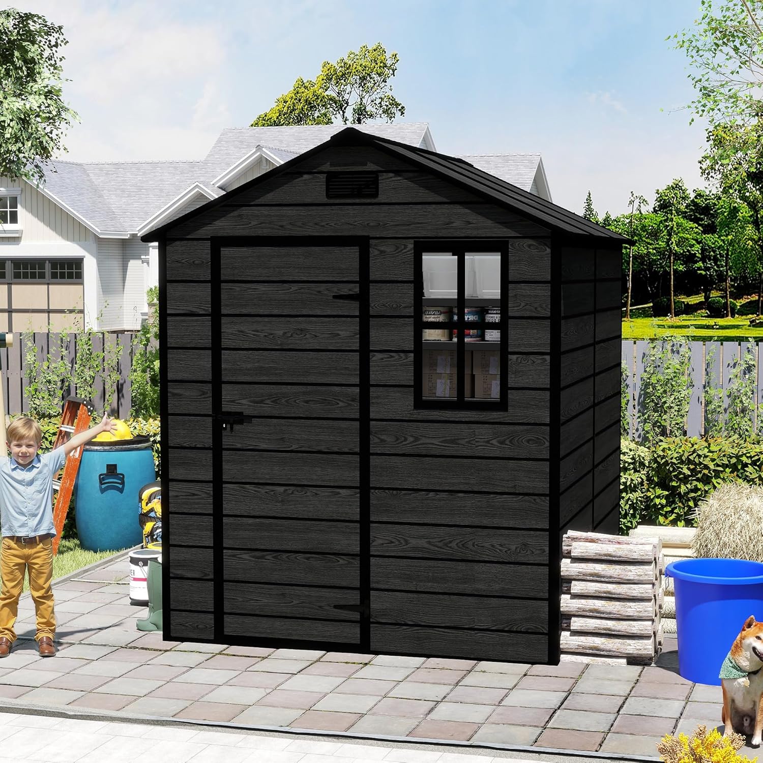 6x6 FT Outdoor Storage Shed, Plastic Garden Shed with Floor, Resin Storage Shed with Window, Waterproof Outside Tool Shed with Lockable Hinged Door & Air Vents for Backyard, Patio, Lawn, Black