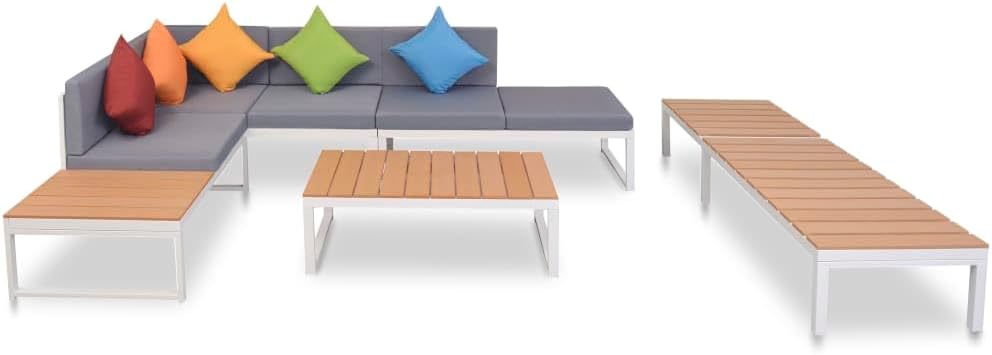 5 Piece Patio Lounge Set with Cushions Aluminum and WPC,Modern Elegance for Your Outdoor,: Garden Corner Sofa and Sunlounger Set Patio Furniture Sets, Outdoor Furniture Sets