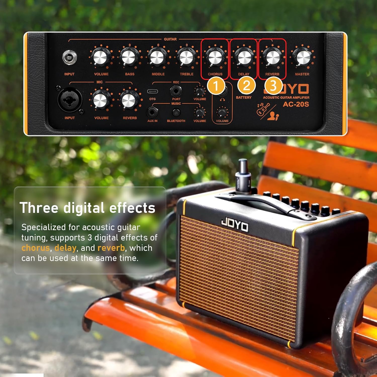 JOYO 20W Guitar Amp for Acoustic Guitar Built-in Bluetooth and Battery with Reverb Chorus Delay Effect for Practicing and Outdoors (AC-20S)