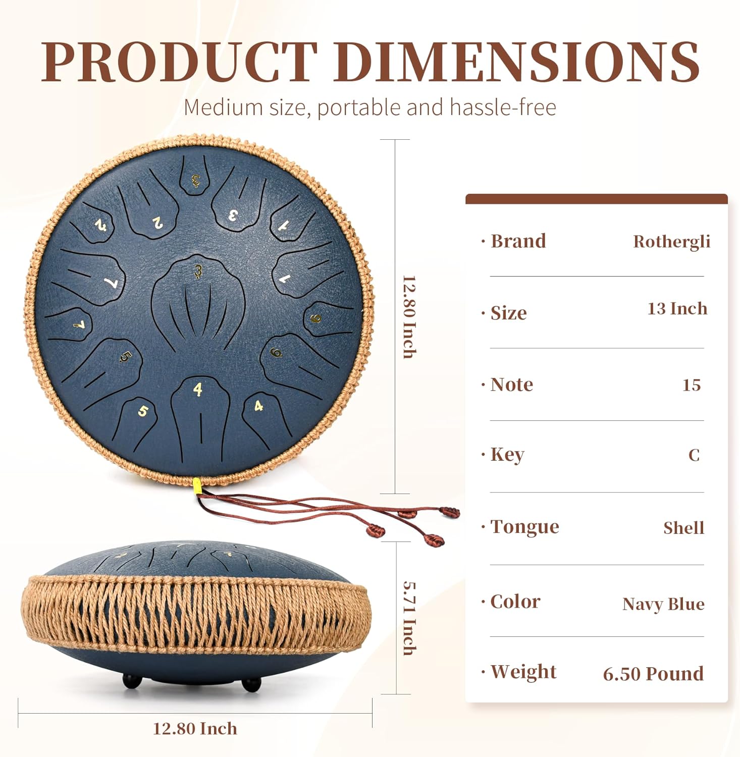 Steel Tongue Drum - 13 Inch 15 Note Tongue Drum, Handpan Musical Instrument for Adults Kids, Steel Drum with Music Book, Steel Drums Instruments with Mallet and Carry Bag, C Major (Navy Blue)