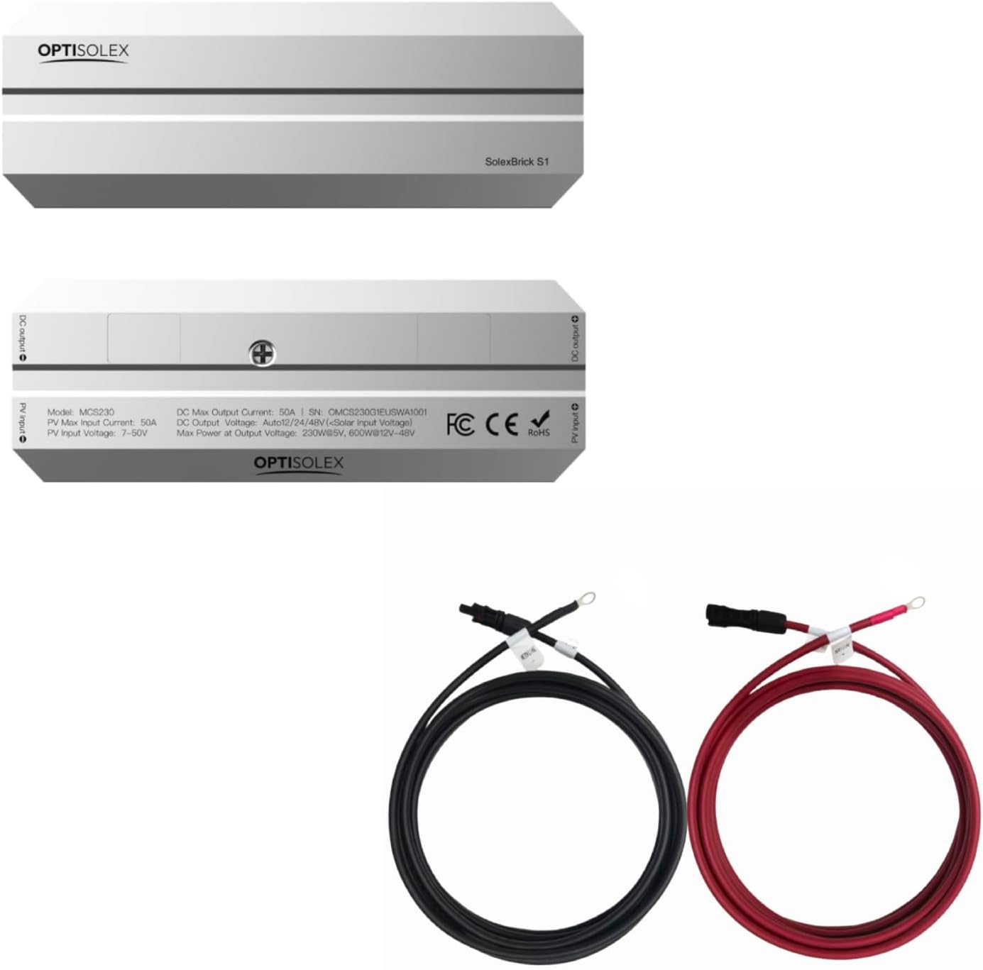 SolexBrick S1 50A MPPT Solar Charge Controller + 20 Foot 8AWG MC4 to O Ring Extension Cable