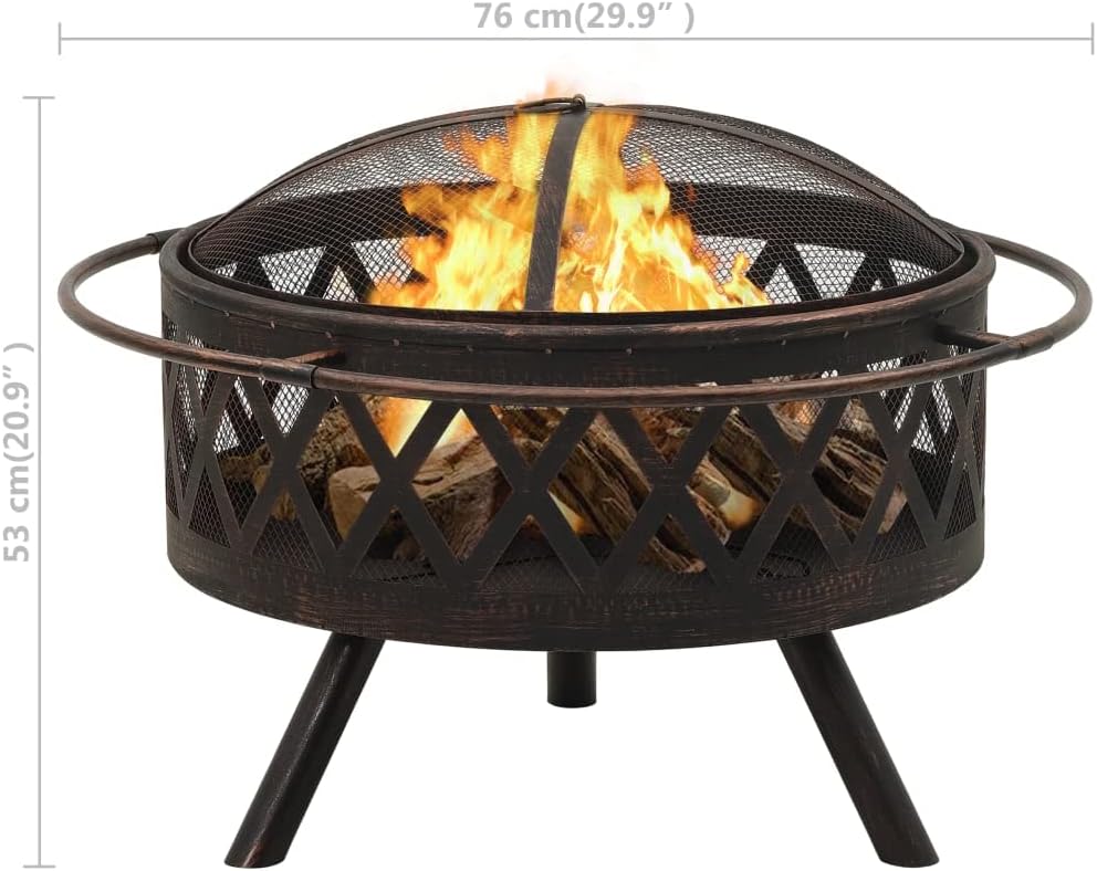 Outdoor Fire Pit Bowl Outdoor Wood Burning Grill, Rustic Fire Pit with Poker 29.9