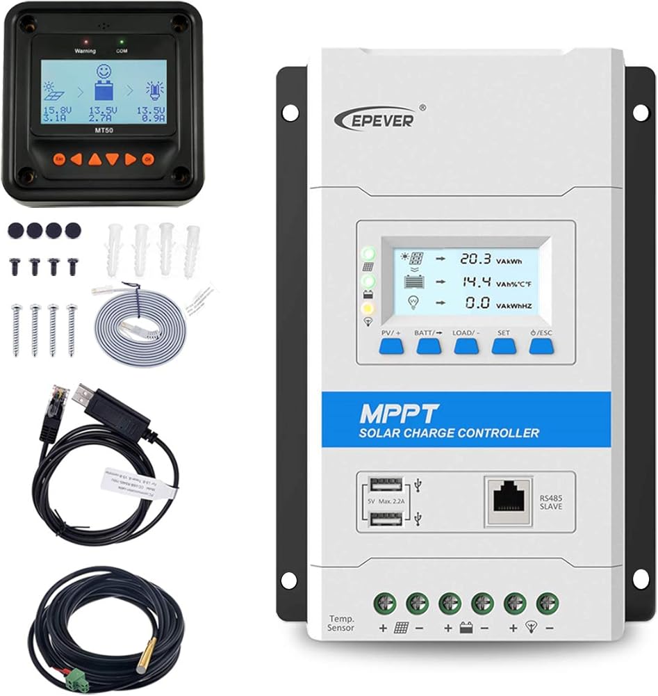 EPEVER 40A MPPT Solar Charge Controller Max. PV 150V Solar Panel Charge Regulator with LED&LCD Display Double USB Port and MT50 Remote Meter Temperature Sensor RTS & PC Communication Cable RS485