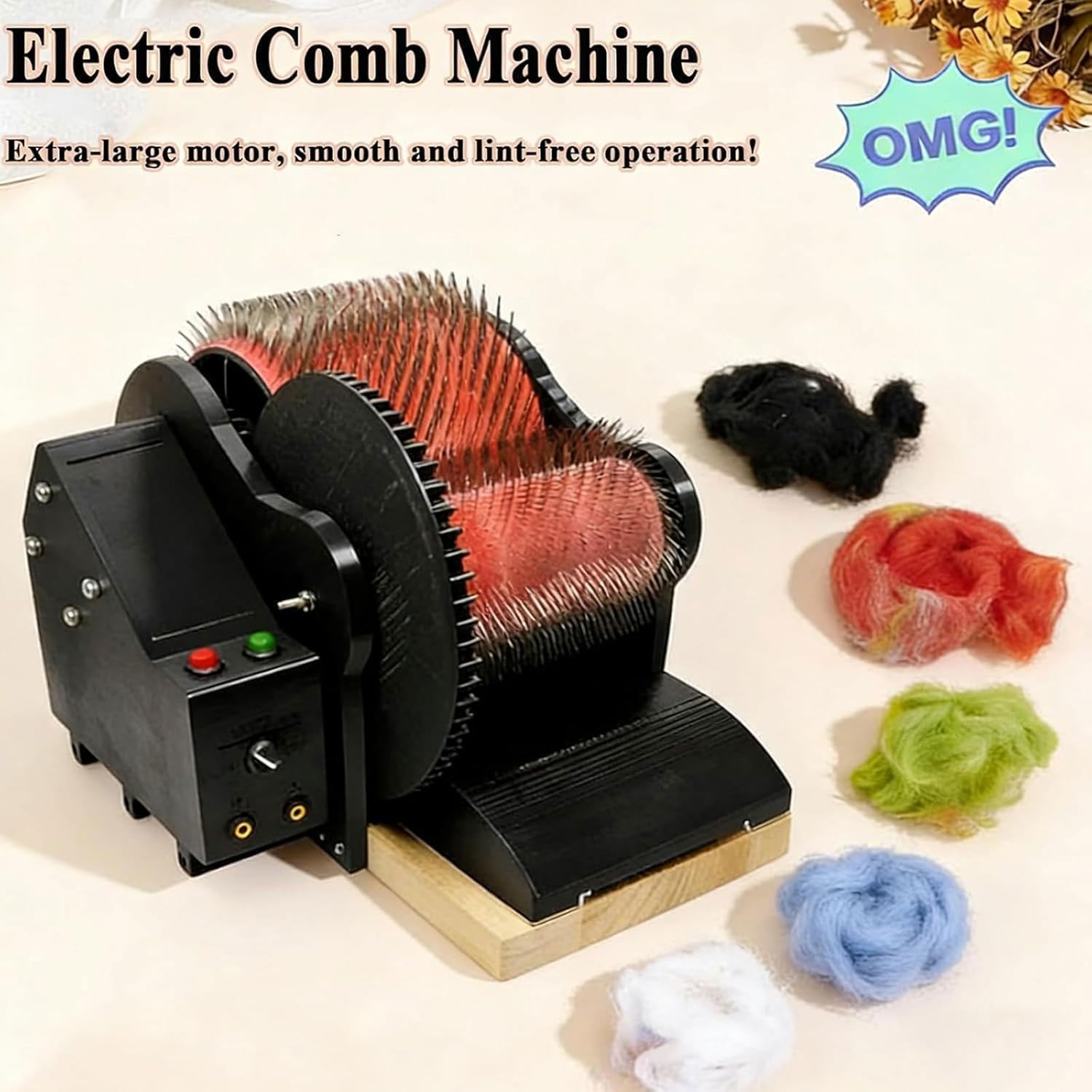 JOSBY Electric Wool Combing Machine, Wool Drum Carder Fiber Carding Machine, Adjustable Forward & Reverse Speed, with Foot Pedal, Fast Color Mixing Wool Blending Wheel, for DIY Wool Felt, Handicrafts