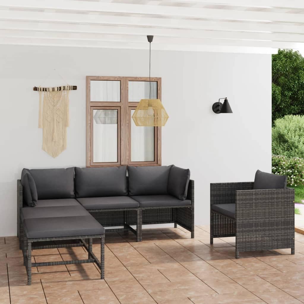 6 Piece Patio Lounge Set with Cushions Poly Rattan Gray,Modular Outdoor Rattan Patio Lounge Set for Relaxation and Comfort Patio Furniture, Outdoor Furniture Sets