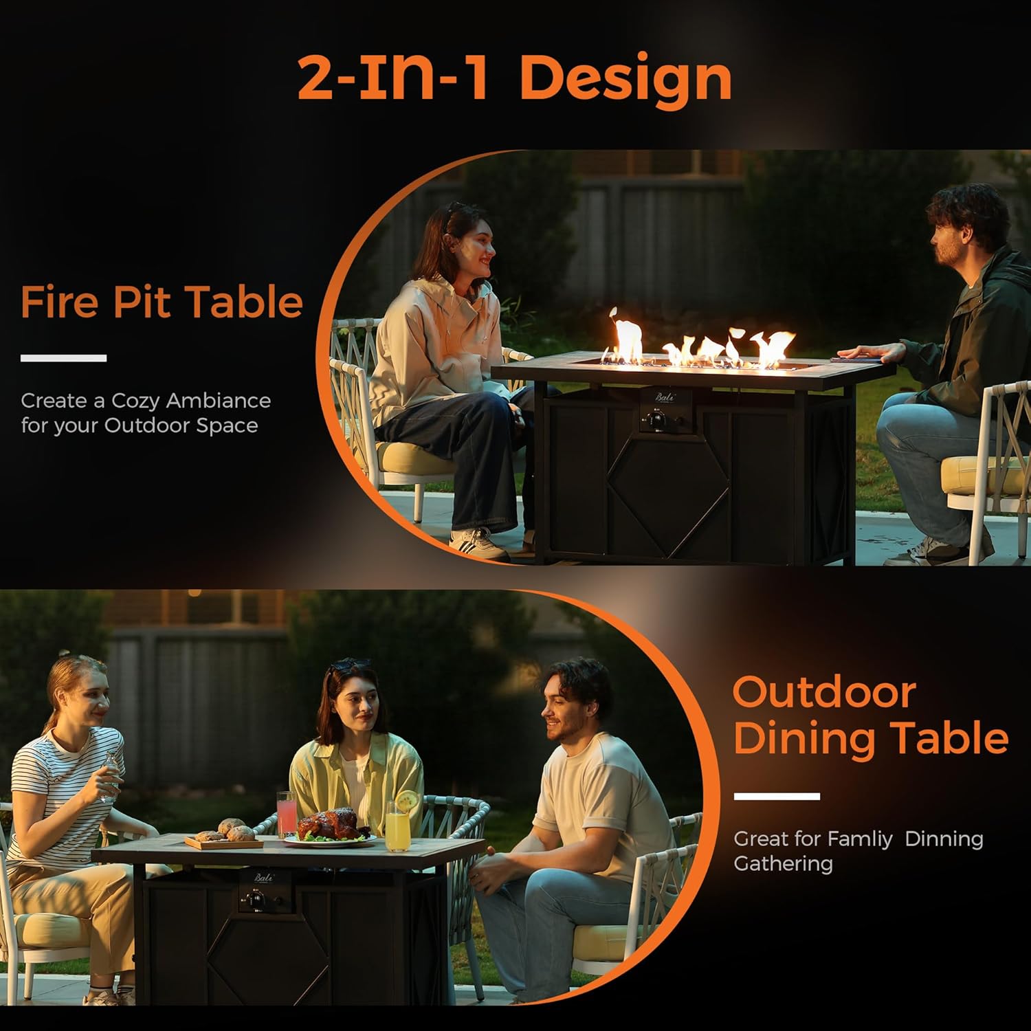 BALI OUTDOORS 42 inch Propane Fire Pit Patio Outdoor Fire Pit Table Large Black Firepits for Outside Rectangular