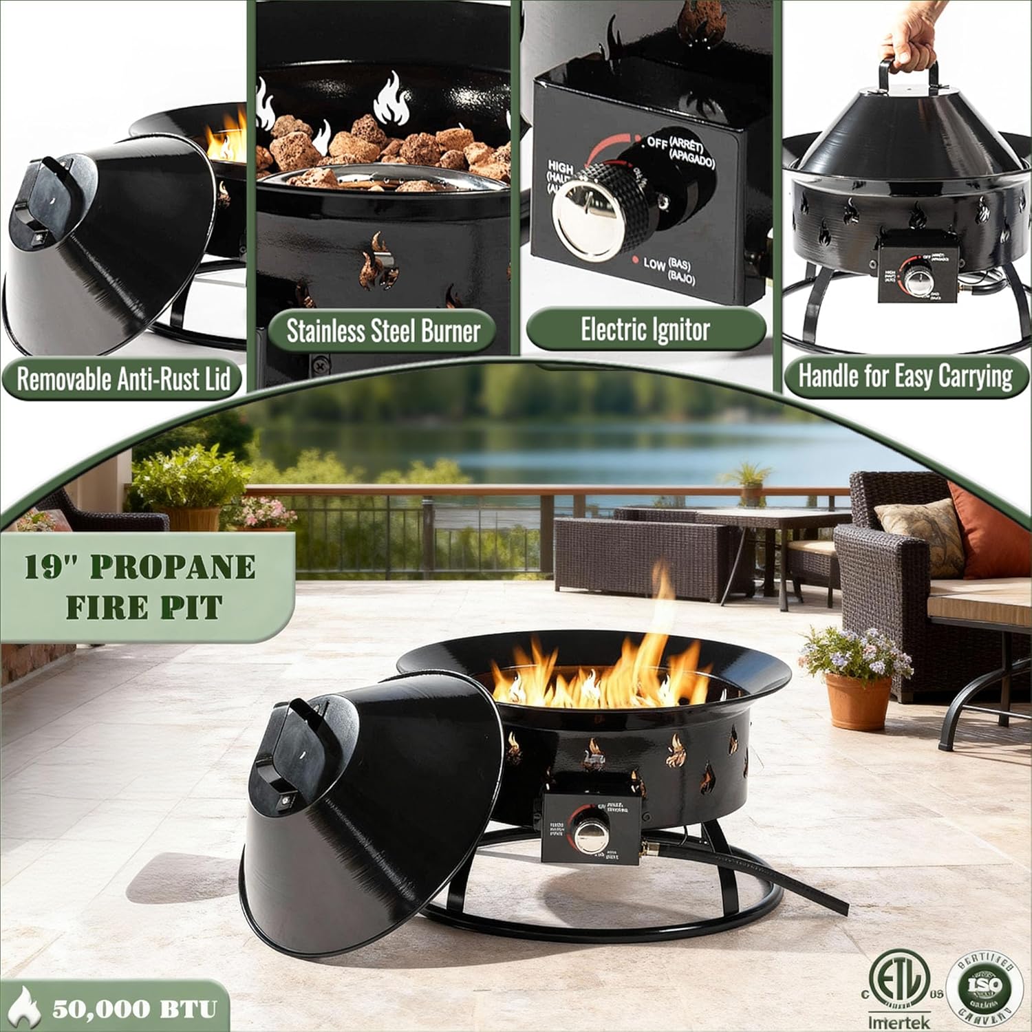 High Output Portable 19 Inch 50000 BTU Propane Fire Pit Smokeless Outdoor Gas Burner with Cover for Backyard Patio and Camping Adventures Black