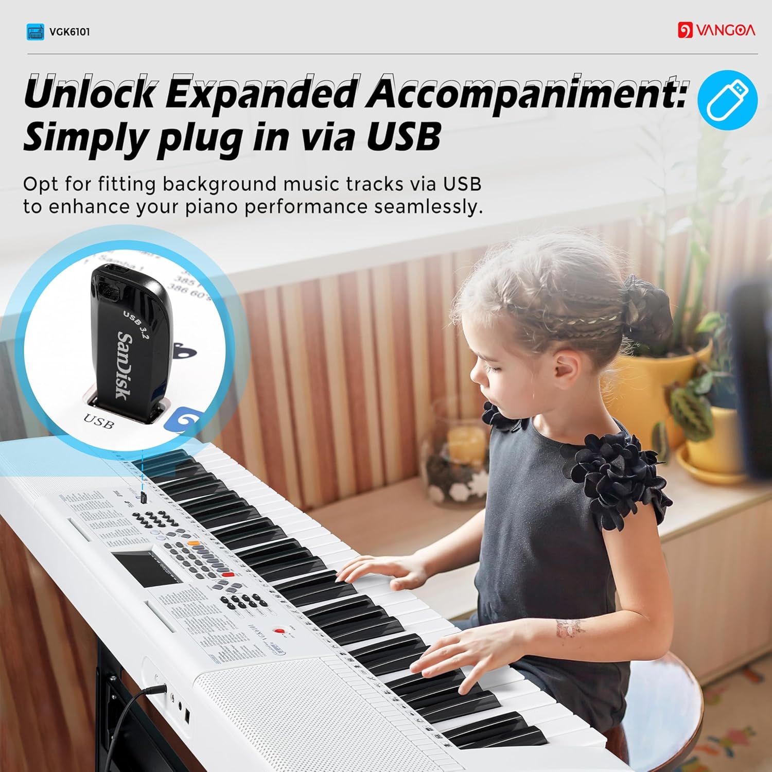Vangoa Keyboard Piano 61 Key, Full Size Electric Piano Keyboard Light UP Keys with 3 Teaching Modes, Learning Music Keyboard Piano with Stand Headphones for Beginners Students, VGK6101 White