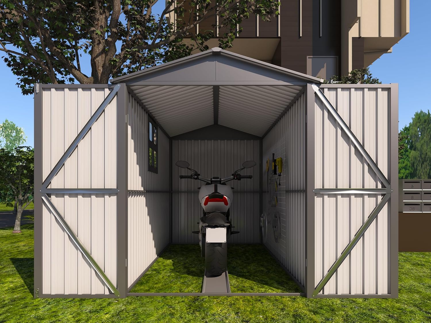 Motorcycle Outdoor Steel Storage Shed with Window and Tracks, 66.2