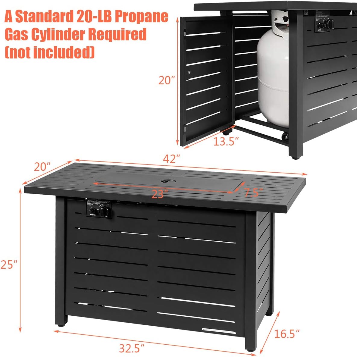 42 Inches Fire Table Outdoor, 60,000 BTU Propane Gas Fire Pit Table with Metal Tabletop, Lid, Lava Rock, Electric Igniter & Hideaway Tank Holder, Propane Fire Pit for Patio, Party(Black)