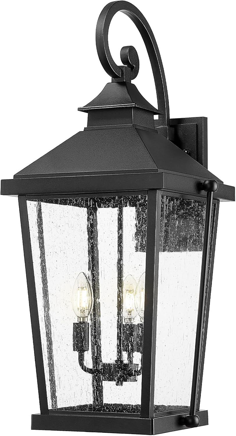 zeyu 27 Inch Outdoor Wall Lamp, 3-Light Large Outdoor Wall Lighting for House Porch, Die-Cast Aluminum in Black Finish, Seeded Glass, ZW105B-L BK