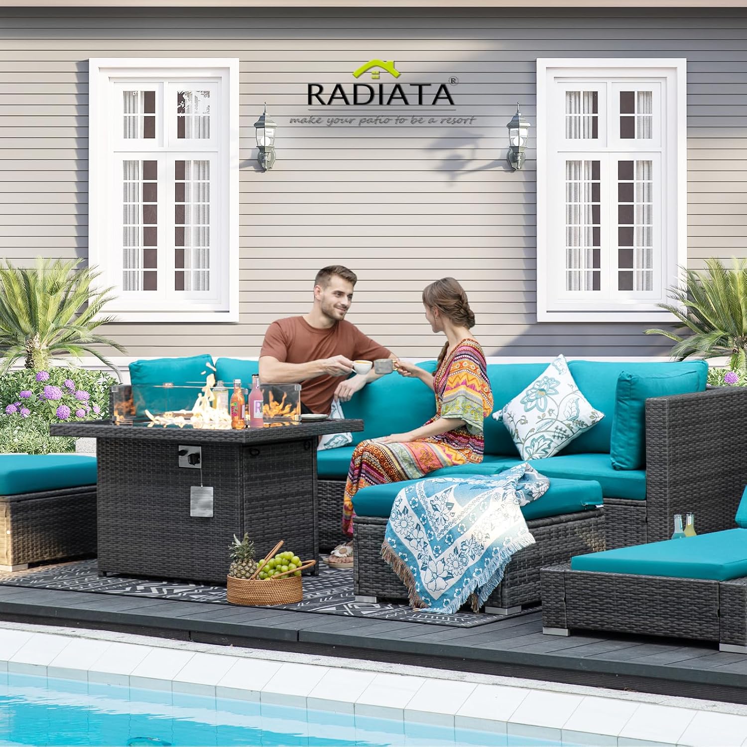 RADIATA 11 Piece Patio Furniture Sets with Firepit, Exra Large Size Outdoor Sectional and Fire Pit with Comfy High Back Deep Wide Seating for 10 People, All-Weather Non Fading Durable, Grey&Sky Blue