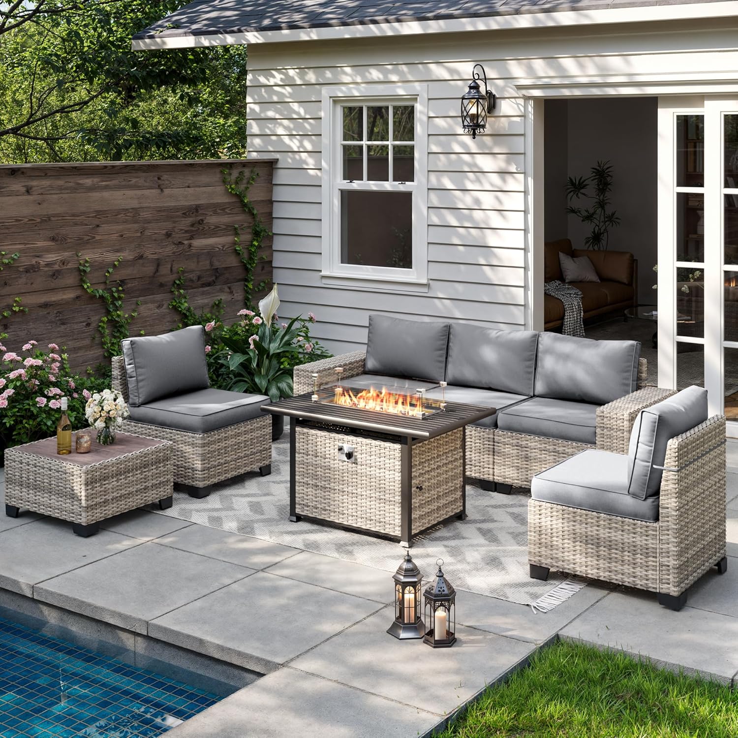 7-Piece Outdoor Patio Furniture Set with 55,000 BTU Fire Pit Table, PE Wicker Rattan Sectional Sofa Patio Conversation Set with Thickened Cushions & Coffee Table, Grey
