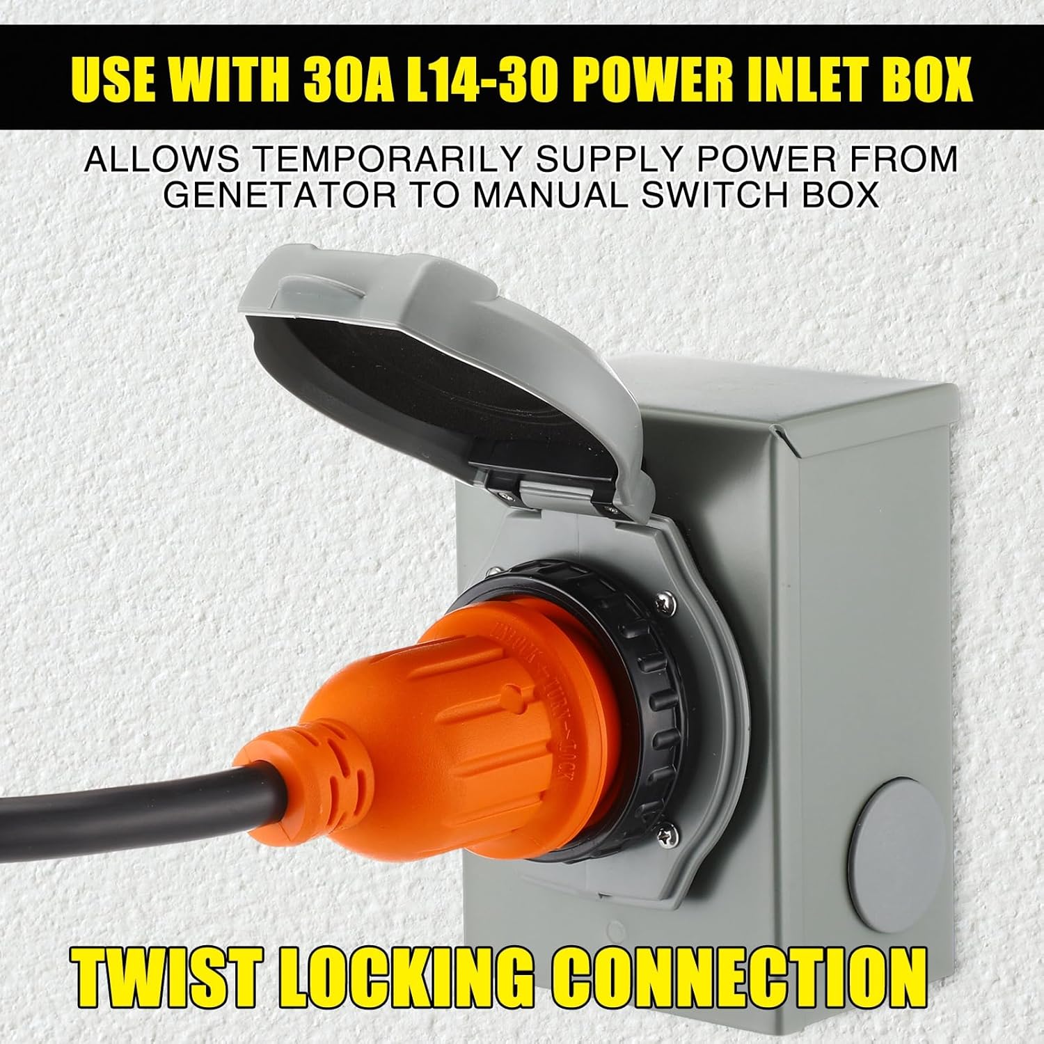 NEMA L5-30P to L14-30R Generator Transfer Switch Adapter Cord, 30 Amp Locking L5-30P Male to L14-30R Female Locking Ring Generator to House Inlet Box Adapter, STW 10 AWG, ETL Listed (25ft)