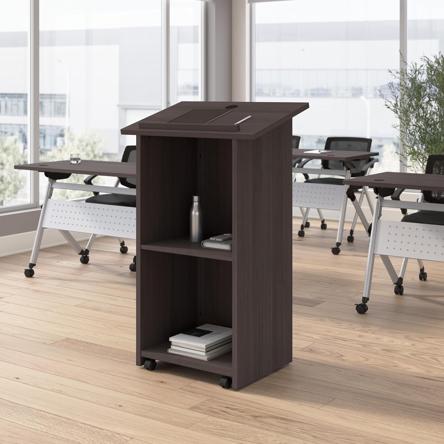 Bush Business Furniture Podium Lectern, 48 inch Tall, Professional-Grade Mobile Presentation Stand Up with Shelves, Envision Collection, Gray