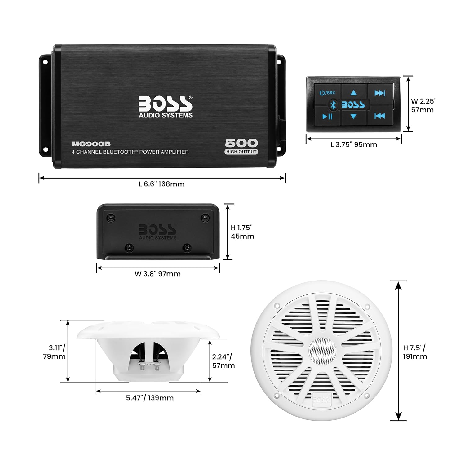 BOSS Audio Systems ASK902B.6 Marine Boat 6.5 inch Speakers and 4 Channel Amplifier Package - 500 High Output, Bluetooth Remote, Waterproof Pouch