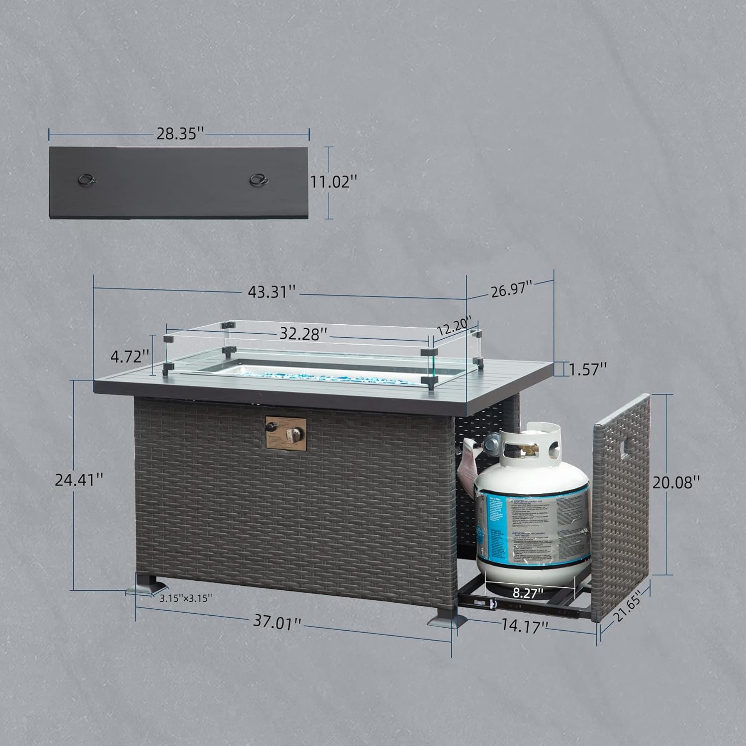 Domi 43.3 Inch Fire Pit Table with Glass Wind Guard, 50,000 BTU Smokeless Fire Pits for Outside with Aluminum Tabletop, Outdoor Wicker Gas Fire Pits for Patio
