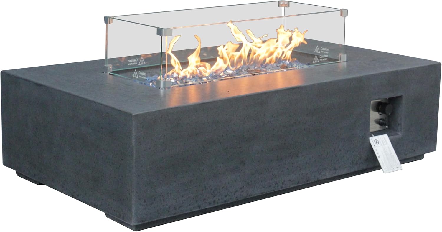 52 Inches Outdoor Concrete Propane Fire Pit Table – Dark Gray & Black Rectangle Design for Patio, Living Room with 1 Door (Black + Gray) (1 Doors)