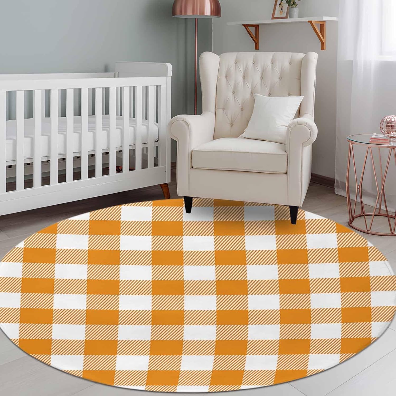 Round Area Rug,8ft Washable Circle Rugs Orange and White Buffalo Checkered Soft Non-Slip Carpet Indoor Floor Mat for Home Living Room Bedroom Office,Country Style