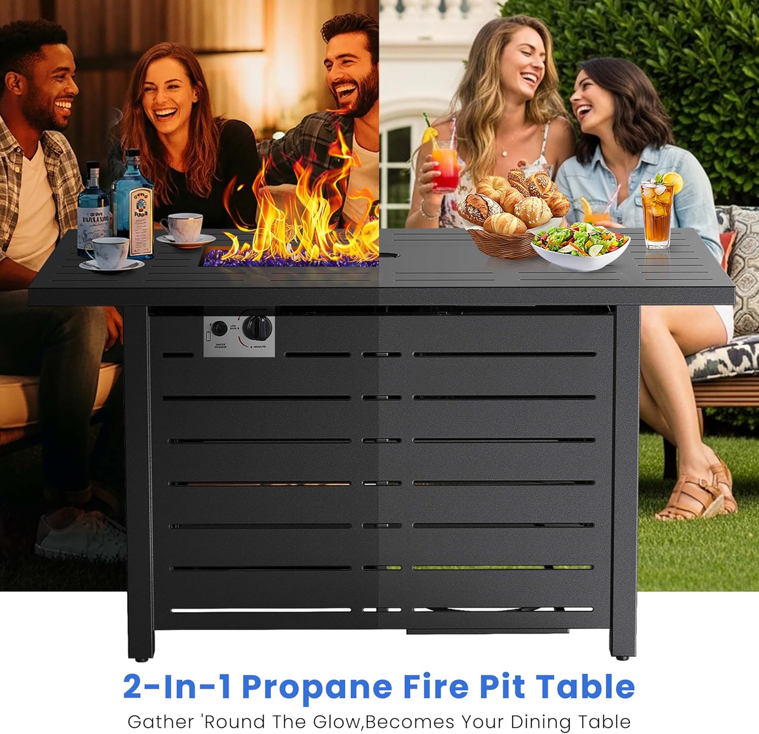 R.W.Flame 43-Inch Propane Fire Pit Table, 50,000 BTU Outdoor Gas Firepit with Waterproof Cover, Glass Stones, Removable Lid, Cup Holders, 2-in-1 Fire Table for Patio, Backyard, Garden, Black