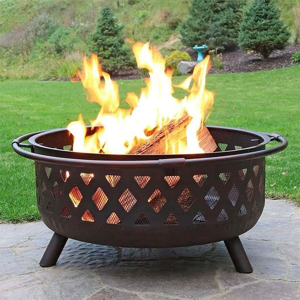 Fire Pit,Outdoor Fire Pit Round Steel Wood Burning with Spark Screen and Fire Poker for Outside Backyard Patio Camping Deck,Family Essential Multifunctional Stove