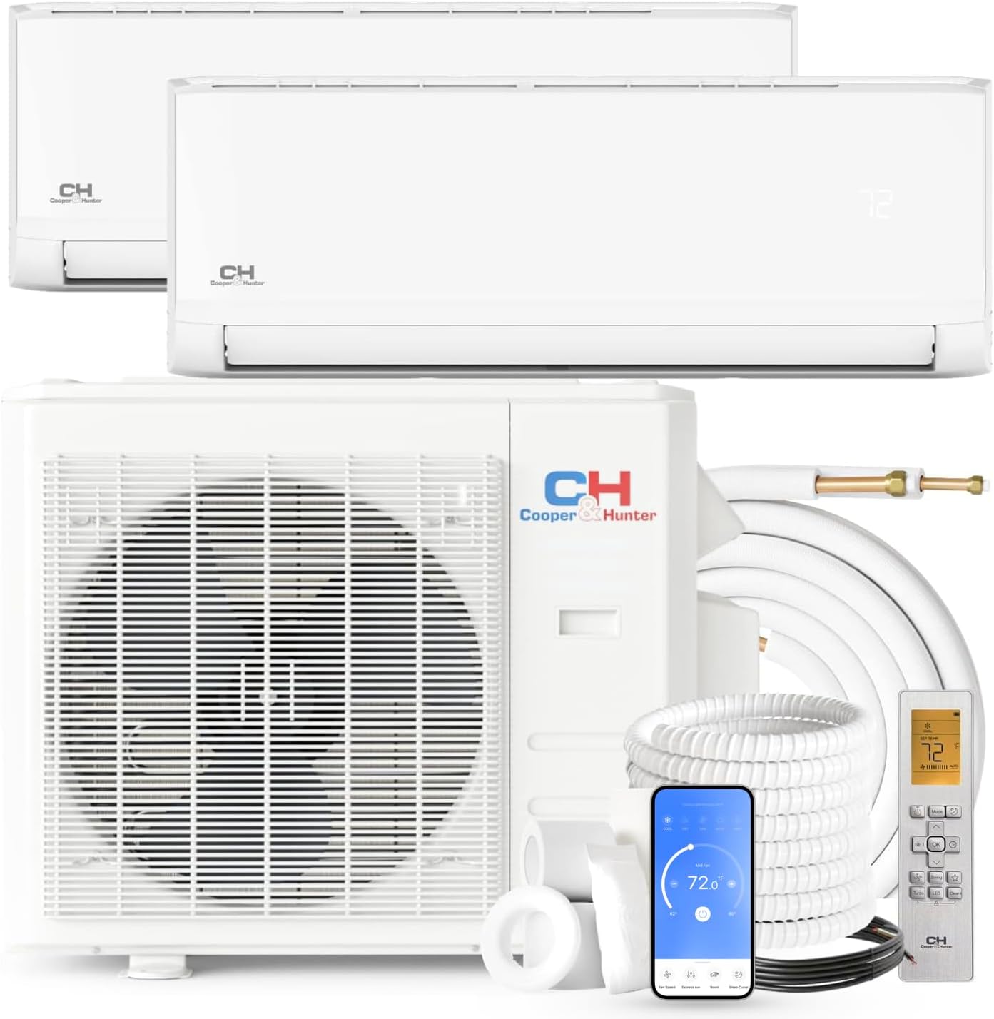 Cooper&Hunter 18,000 BTU Dual Zone 6000 + 6000 BTU Wall Mount Ductless Mini Split A/C and Heater with 25ft Installation Kits