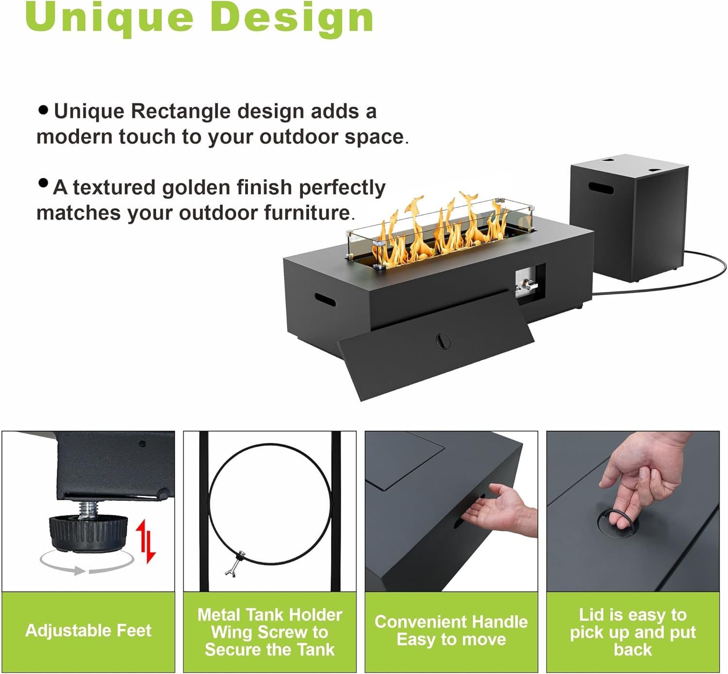 Dineli 2-Piece Outdoor Propane Fire Pit Table Set w Tank Table 42'' Rectangular Firepit Gas Fire Pits for Outside Patio Table Fire Pit w LED, 50,000 BTU (Black, with Warmlight)