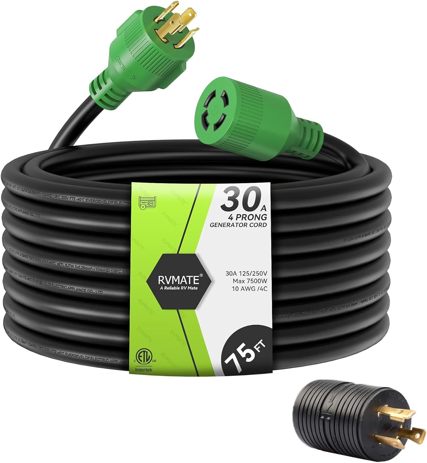 RVMATE 30 Amp Generator Cord 4 Prong 75 Feet, NEMA L14-30P/L14-30R, 125/250V Up to 7500W 10 Gauge SJTW Generator Extension Cord, ETL Listed