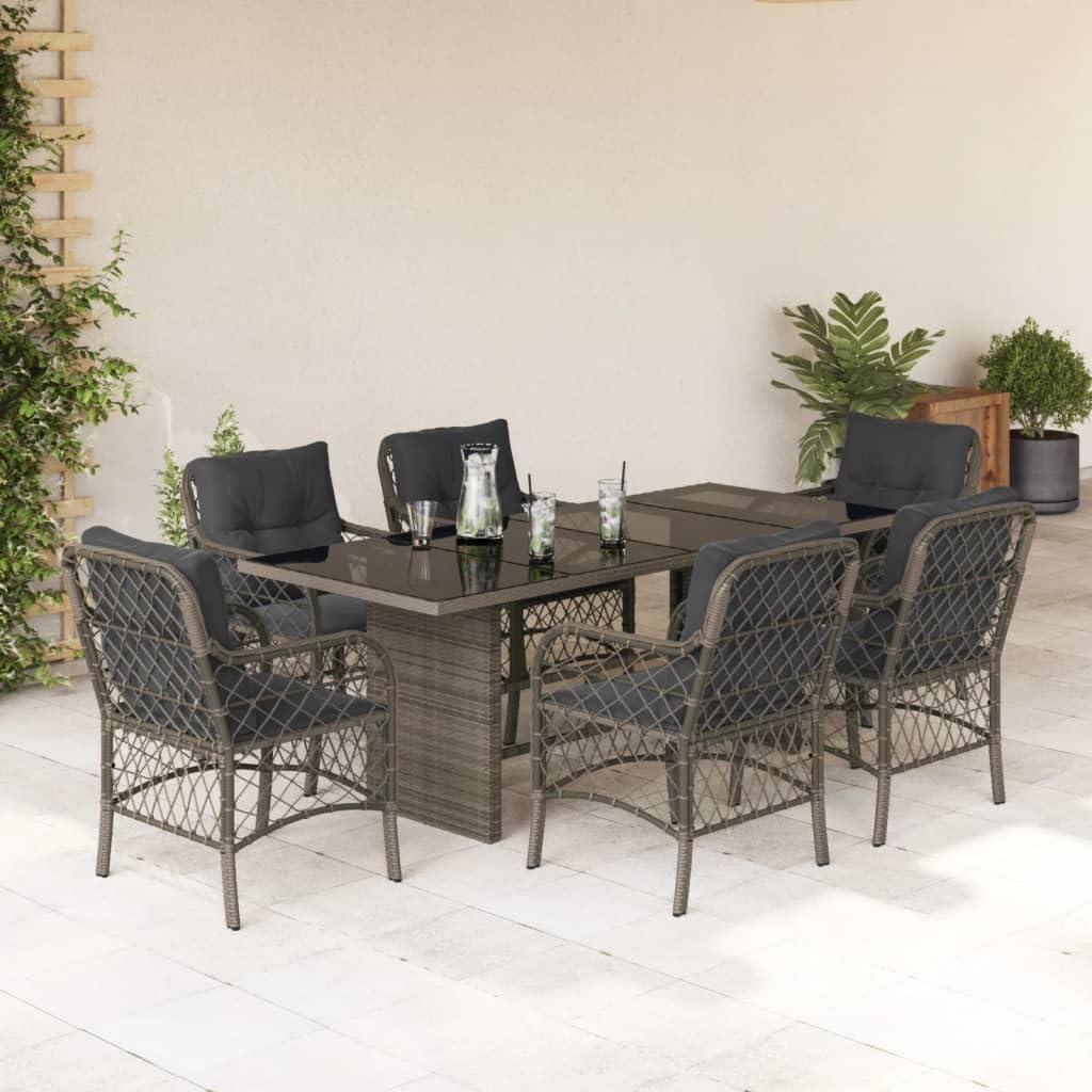 7-Piece Garden Dining Set, Grey Poly Rattan Outdoor Table and Chairs, Powder-Coated Steel Frame Patio Furniture Set for 6 People, Backyard Balcony Dining