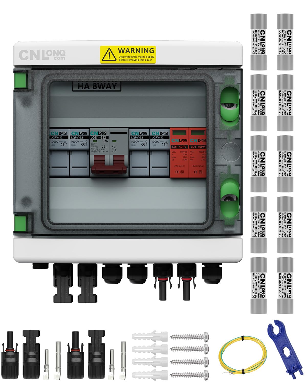 2 String Solar PV Combiner Box with 10pcs Fuse Link 20A IP65 2 in 1 Out DC500V 32A Circuit Breaker with Surge Protector and 15A PV Fuse,Solar Disconnect Switch Outdoor Waterproof for Solar Panels Syst