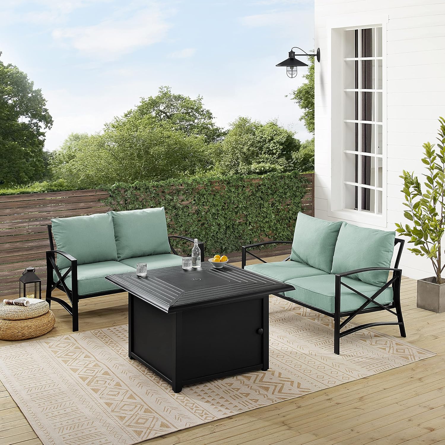 Crosley Furniture Kaplan 3-Piece Outdoor Loveseat Patio Furniture Set with Propane Gas Fire Pit Table, Oiled Bronze with Mist Cushions