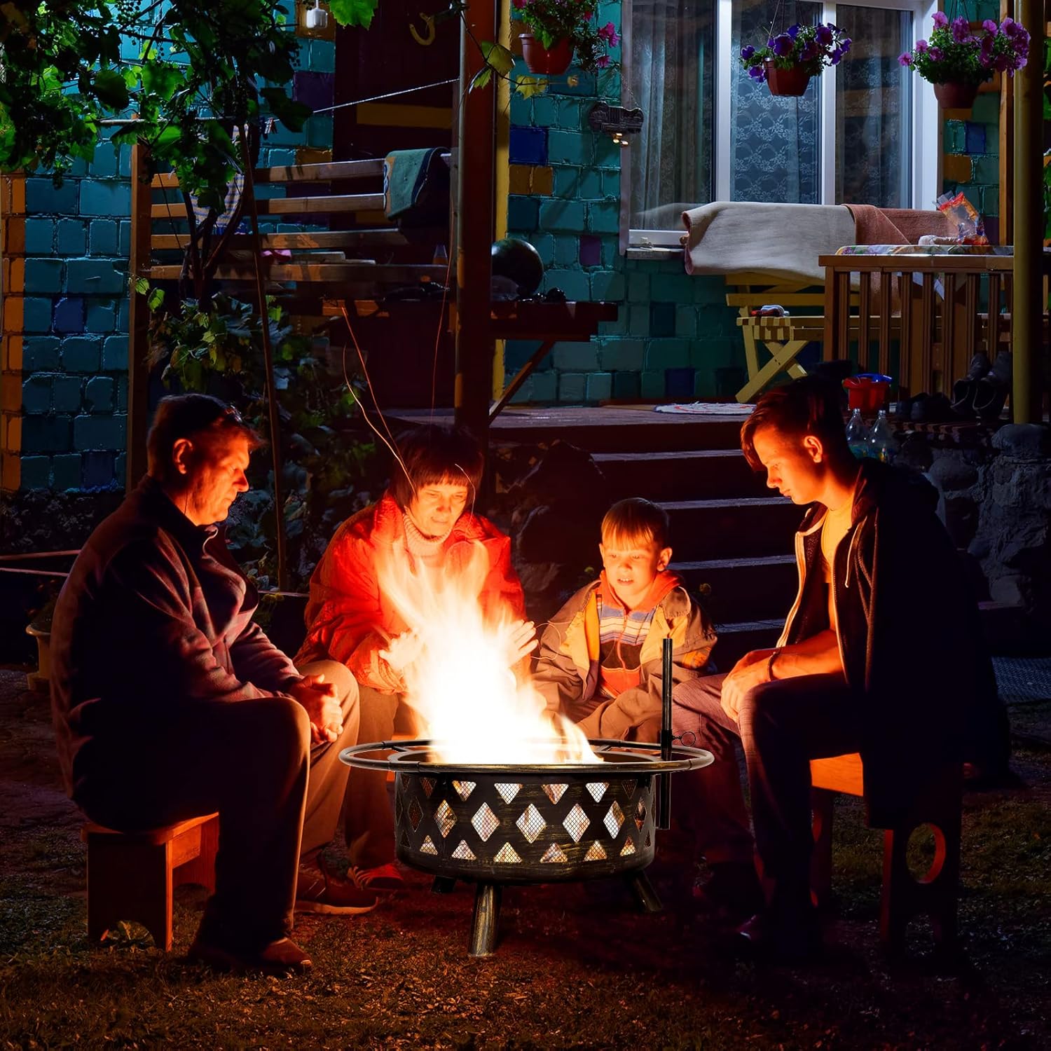 Amopatio Fire Pit with Mat & Cover, 30 Inch Large Outdoor Wood Burning Fire Pits, Patio Backyard Firepit with Steel BBQ Grill Cooking Grate, Spark Screen & Poker for Garden, Bonfire, Camping, Picnic