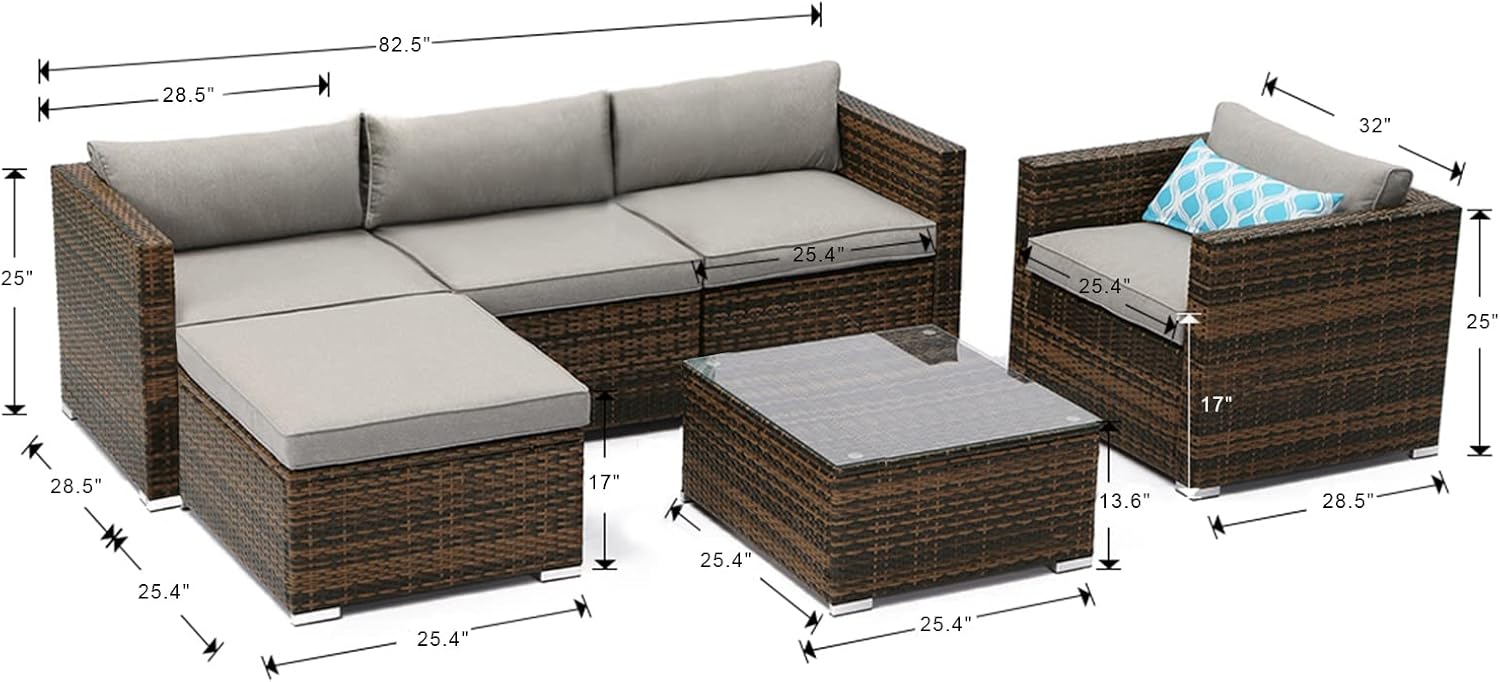 COSIEST 6-Piece Outdoor Furniture All-Weather Mottlewood Brown Wicker Sectional Sofa w Warm Gray Thick Cushions, Glass-Top Coffee Table, 1 Teal Pattern Pillows Incl. Clips