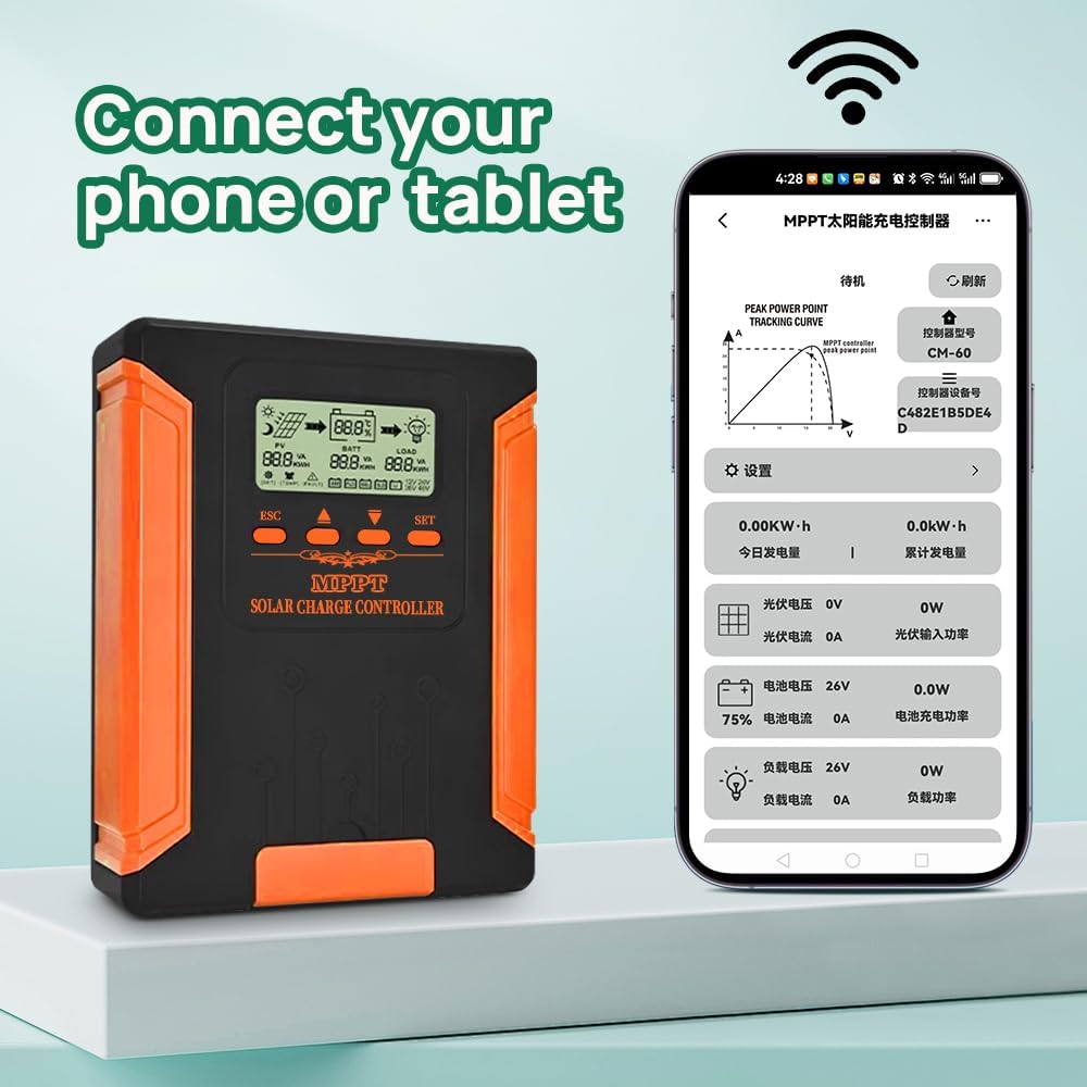 80A MPPT Solar Charge Controller 12V/24V/36V/48V DC Output for LiFePO4, AGM Sealed Gel Flooded Lithium Battery, MPPT Controller with LCD Display for 18/160V Solar Panels (APP Control)